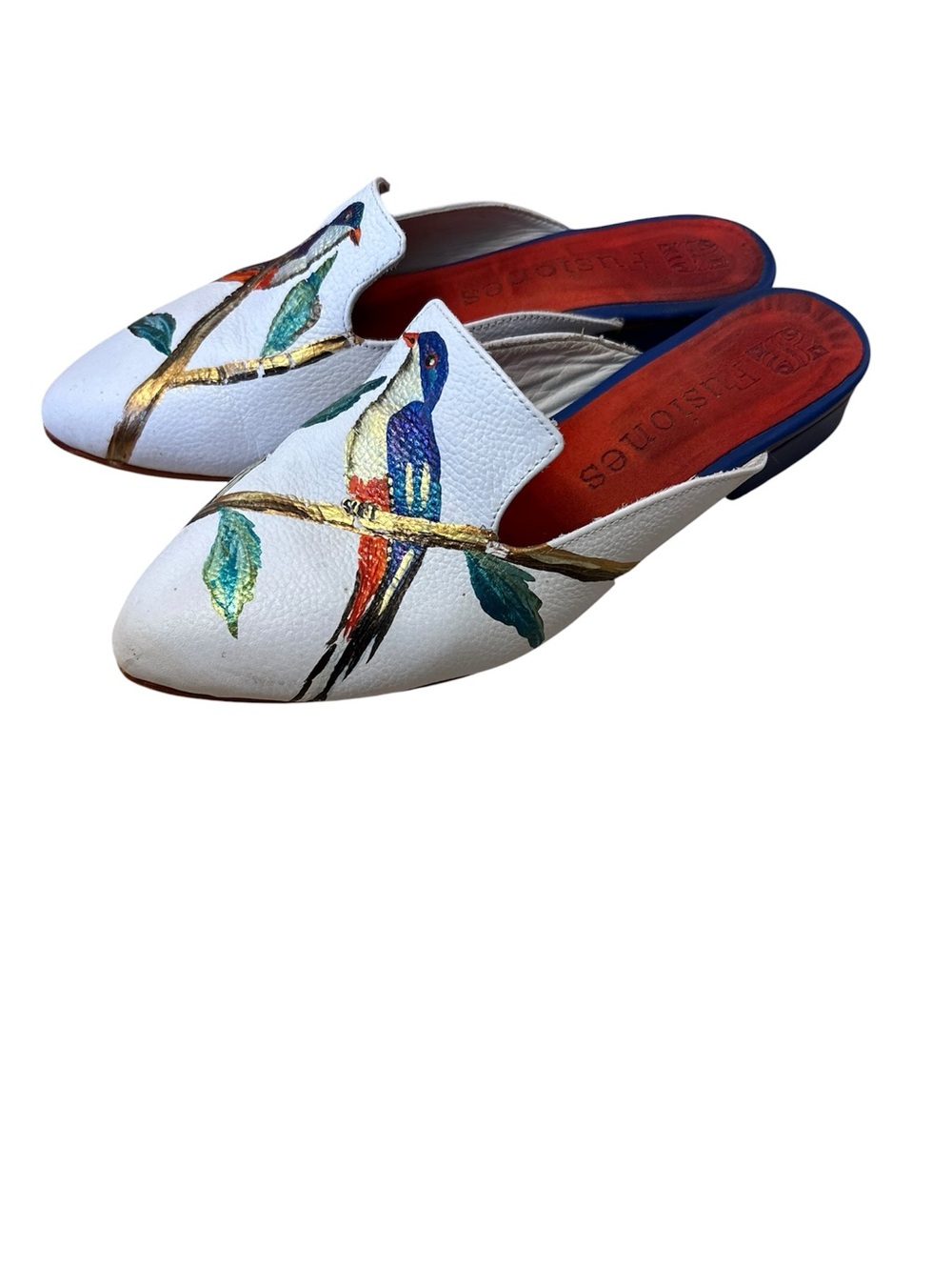 Hand-Painted White Leather Womens Slip-On Mules with Bird Motif